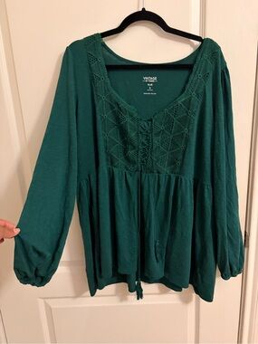 Torrid Teal Crochet-Paneled Peasant Top